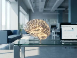 Gehirnmodell mit leuchtenden Nervenbahnen auf Glasschreibtisch neben Laptop mit Mitarbeiterfeedback-Analysen im modernen Büro