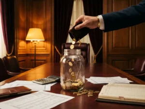 Geschäftsmann lässt Goldmünzen in rissiges Glasgefäß fallen, Münzen fallen durch Riss auf Mahagoni-Konferenztisch