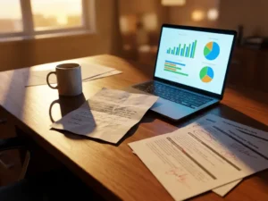 Zerknitterter Kündigungsbrief auf Holzschreibtisch neben Laptop mit Feedback-Diagrammen, Kaffeetasse und markierten Leistungsbeurteilungen