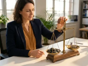 Geschäftsfrau platziert Holzblock auf Waage mit Steinen und Metallgewichten in hellem Büro mit Fenstern