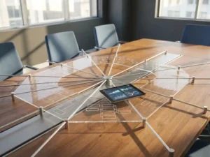 Konferenztisch mit überlappenden Organigrammen in geometrischen Mustern, verbunden durch silberne Linien, Tablet mit Analysegrafiken im Zentrum