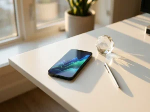 Smartphone mit buntem Datenvisualisierungs-Dashboard auf weißem Schreibtisch neben Kristall und Stift bei goldenem Licht