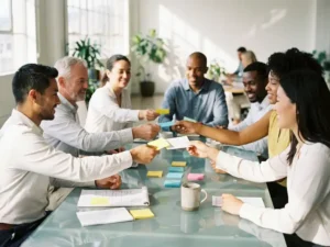 Diverse Fachkräfte tauschen bunte Haftnotizen am Glastisch in hellem Büro aus, Sonnenlicht strömt durch bodentiefe Fenster