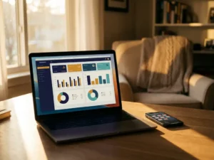 Laptop mit bunten Umfrage-Diagrammen und Analytics auf Homeoffice-Schreibtisch, Smartphone mit Benachrichtigungen daneben