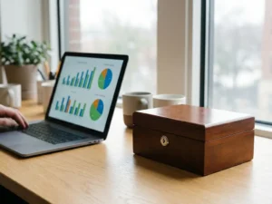 Hölzerner Vorschlagskasten mit Schloss auf modernem Bürotisch neben Laptop mit bunten Analysediagrammen