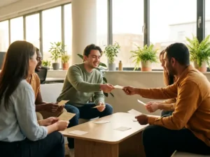 Agiles Team tauscht Feedback-Karten an einem gemeinsamen Tisch in einem lichtdurchfluteten Büro mit Panoramafenstern aus.