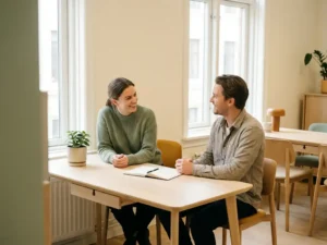Zwei Kolleginnen im Gespräch an einem hellen Bürotisch mit Notizbuch und Pflanze, warmes Tageslicht, entspannte Atmosphäre.