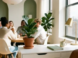 Grüne Büropflanze auf einem modernen HR-Schreibtisch mit Kollegen im Hintergrund bei natürlichem Sonnenlicht.