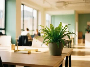Grüne Topfpflanze auf modernem Büroschreibtisch mit warmem Sonnenlicht und unscharfem Arbeitsbereich im Hintergrund.