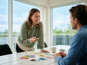Manager im hellen Skandinavischen Büro im Gespräch mit Teammitglied, Persönlichkeitskarten auf weißem Tisch, natürliches Tageslicht.