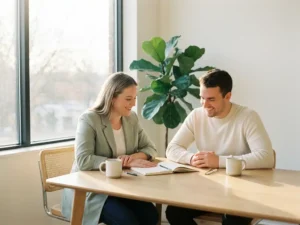 Manager und Teammitglied im offenen Gespräch über einem Notizbuch am modernen Büroschreibtisch im warmen Sonnenlicht.
