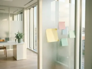 Gelbes Haftnotiz-Zettel an einer Milchglasscheibe im minimalistischen Zürcher Büro, umgeben von pastellfarbenen Notizzetteln im warmen Tageslicht.
