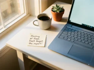 Handgeschriebener Notizzettel neben einem offenen Laptop auf einem hellen Schreibtisch mit Kaffeebecher und Sukkulente im warmen Morgenlicht.