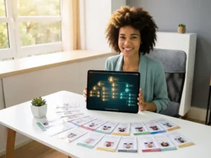 HR-Führungskraft analysiert digitales Organigramm auf Tablet, umgeben von Mitarbeiterprofilen auf hellem Schreibtisch mit Sukkulente.