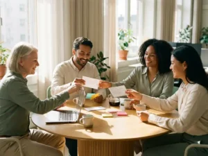 Vier Kollegen tauschen handgeschriebene Feedback-Karten am Konferenztisch aus, warmes Sonnenlicht, offene Körpersprache, Laptop und Kaffeetassen im Hintergrund.