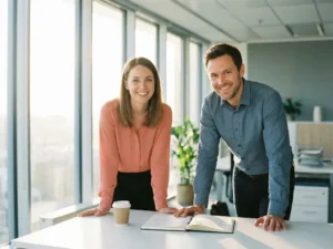 Zwei Kollegen im Gespräch an einem weißen Schreibtisch mit Notizbuch und Kaffeetasse, helles Büro mit Panoramafenstern.
