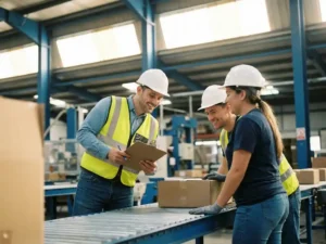 Vorarbeiter mit Klemmbrett im Gespräch mit Produktionsmitarbeitern in einer hellen Industriehalle mit Oberlichtern.