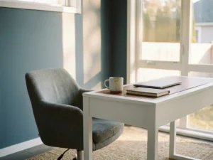 Leerer Bürostuhl vor modernem Schreibtisch mit Kaffeetasse und Notizbuch im warmen Morgenlicht.