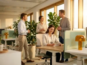 Lächelnde Mitarbeiterin schreibt Feedback-Notiz in modernem Büro mit Kollegen, Grünpflanzen und warmem Sonnenlicht.