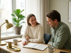 Mitarbeiterin und Führungskraft besprechen gemeinsam Notizen in einem hellen skandinavischen Büro bei einem Mentoring-Gespräch.