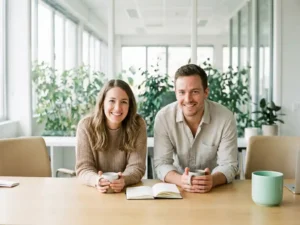 Neue Mitarbeiterin und Managerin im Gespräch an hellem Bürotisch mit offenem Onboarding-Notizbuch und Zimmerpflanze im Hintergrund.