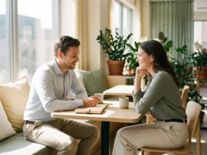 Manager und Mitarbeiter im offenen Einzelgespräch an einem Café-Tisch mit Notizbuch und Kaffee, natürliches Fensterlicht, Büropflanzen im Hintergrund.