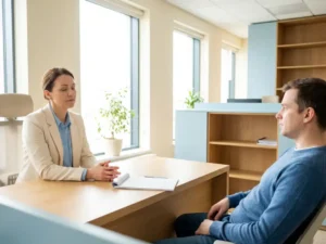 Manager und Mitarbeiter sitzen sich an einem modernen Bürotisch gegenüber, ein leeres Notizbuch zwischen ihnen, angespannte Atmosphäre.