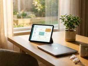 Leuchtendes Analytics-Dashboard auf modernem Schreibtisch mit grüner Pflanze, Laptop und warmem Morgenlicht in Weiß- und Tealtönen.