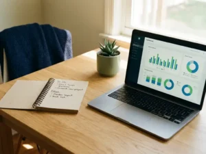 Handgeschriebene Notizen auf einem Notizbuch neben einem Laptop mit Dashboard-Diagrammen auf einem hellen Eichenholzschreibtisch mit Sukkulente.