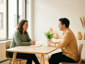 Manager und neuer Mitarbeiter im vertrauensvollen Gespräch an hellem Bürotisch mit Notizbuch und Zimmerpflanze, natürliches Tageslicht.