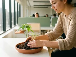 Junge Fachkraft pflanzt zwei Setzlinge unterschiedlicher Größe nebeneinander in Erde auf einem weißen Schreibtisch in modernem Büro.