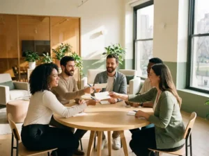 Diverses Team tauscht handgeschriebene Feedback-Karten an rundem Tisch in hellem, modernem HR-Büro mit Tageslicht.