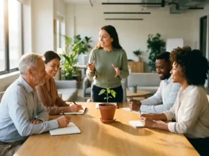 Diverses Team bei lebhafter Besprechung am modernen Bürotisch mit kleiner Setzlingspflanze in der Mitte, natürliches Seitenlicht.