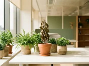 Welkende Pflanze im Keramiktopf umgeben von gesunden grünen Pflanzen auf weißem Schreibtisch im hellen Büro.