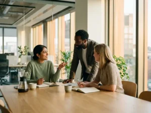 Drei Kolleginnen und Kollegen diskutieren lebhaft an einem Holztisch in einem modernen Zürcher Büro mit Panoramafenstern.