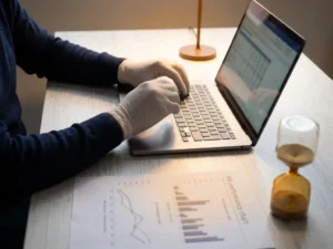 Hände eines Datenanalysten über einem Laptop, daneben ein HR-Leistungsdiagramm und eine Sanduhr im Bernsteinlicht.