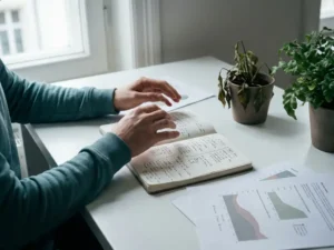 Hände eines Datenanalysten über einem Notizbuch mit Teambeobachtungen, umgeben von Diagrammen und zwei Pflanzen auf weißem Schreibtisch.