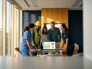 Fachkräfte aus Gesundheit, Bau und Handel analysieren gemeinsam Arbeitsmarktdaten auf einem Laptop an einem Glastisch.