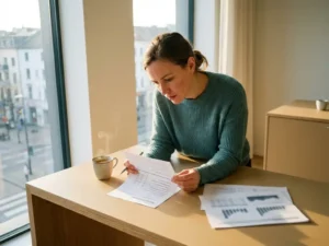 HR-Fachkraft prüft gedruckten Mitarbeiterfragebogen am modernen Schreibtisch mit Kaffeetasse, warmes Bürolicht durch Panoramafenster.
