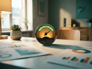 Analoges Messgerät mit Zeiger im grünen Bereich auf weißem Schreibtisch neben Datenprintouts und Sukkulente im modernen HR-Büro.