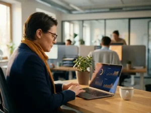 HR-Managerin analysiert Mitarbeiterbefragung-Dashboard auf Laptop im modernen Büro, Retentionskurven auf dem Bildschirm sichtbar.