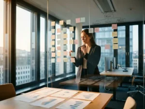 HR-Fachkraft analysiert transparente Glaswand mit bunten Haftnotizen und Organigrammen in modernem Zürcher Büro bei goldenem Nachmittagslicht.