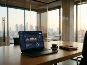 Laptop mit Analytics-Dashboard auf Schreibtisch in modernem Büro, Espressotasse und Ledernotizblock im Morgenlicht.