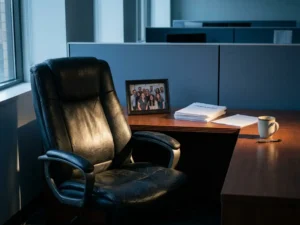 Leerer Ledersessel an einem aufgeräumten Büroschreibtisch mit Einarbeitungsunterlagen, ungenutzter Kaffeetasse und Teamfoto im Hintergrund.