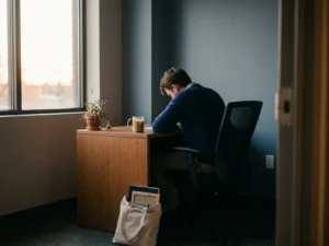 Mitarbeiter sitzt abgewandt am minimalistischen Schreibtisch, persönliche Gegenstände halb eingepackt, kalter Kaffee und welke Sukkulente im sanften Fensterlicht.