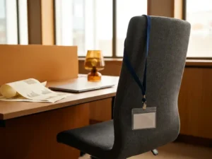 Leerer Bürostuhl mit Mitarbeiterausweis-Lanyard, umgeben von Datenausdrucken und Laptop, symbolisiert Mitarbeiterfluktuation.