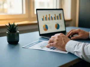 Hände eines Datenanalysten über einem Schreibtisch mit Umfragebericht und Topfpflanze, Laptop mit People-Analytics-Diagrammen im Hintergrund.