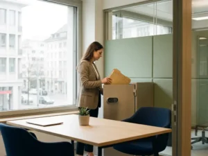 HR-Fachkraft legt Mitarbeiterbefragung in abgeschlossenes Ablagesystem in modernem Zürcher Büro mit nordischem Design.