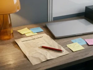 Zerknittertes Papier-Umfrageformular neben modernem Laptop auf Schreibtisch, roter Stift auf unbeantworteten Fragen, ungeordnete Haftnotizen.
