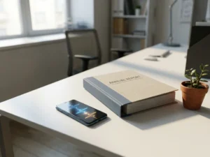 Smartphone mit Pulsgraph neben einem Jahresbericht-Ordner auf weißem Schreibtisch mit grüner Pflanze in modernem HR-Arbeitsbereich.